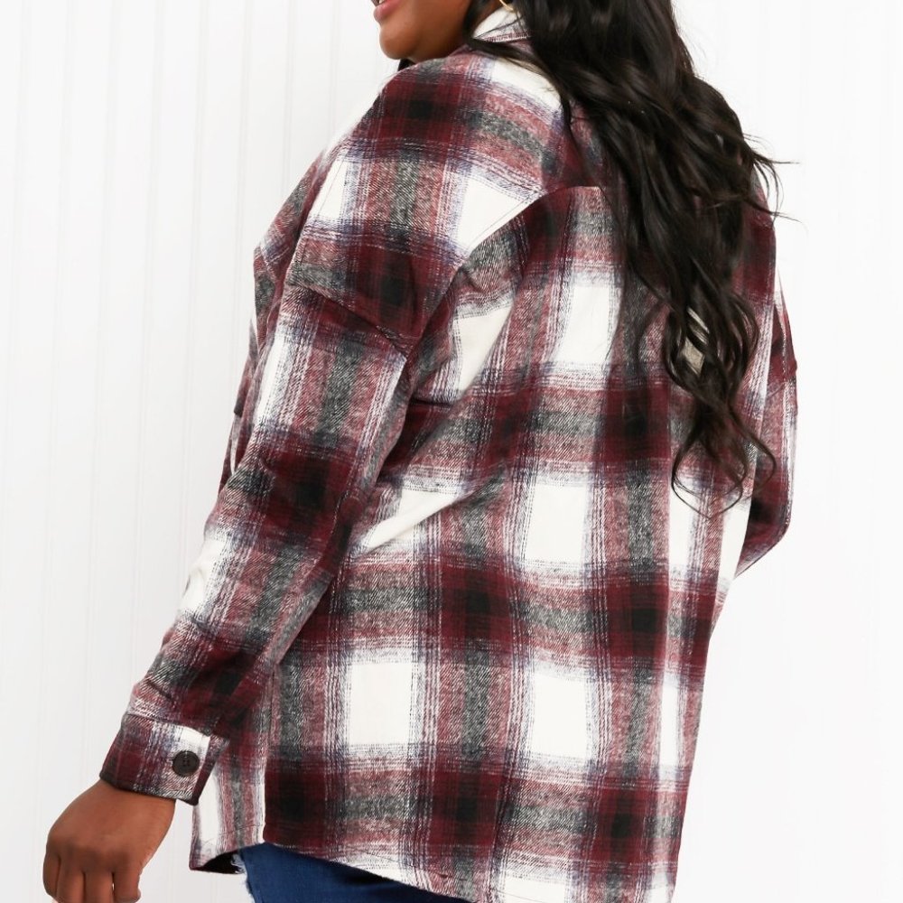 Zenana Autumn Evening Full Size Plaid Longline Shacket in Burgundy - Picture 2 of 9